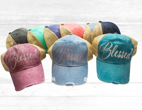 Blessed Glitter Distressed Hats